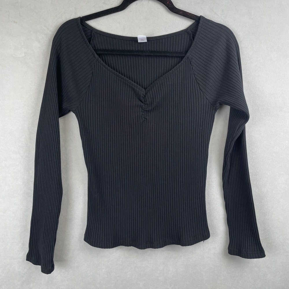 Old Navy Womens L Black Ribbed Sweetheart Cinch LS Coquette Top Basic Ballerina